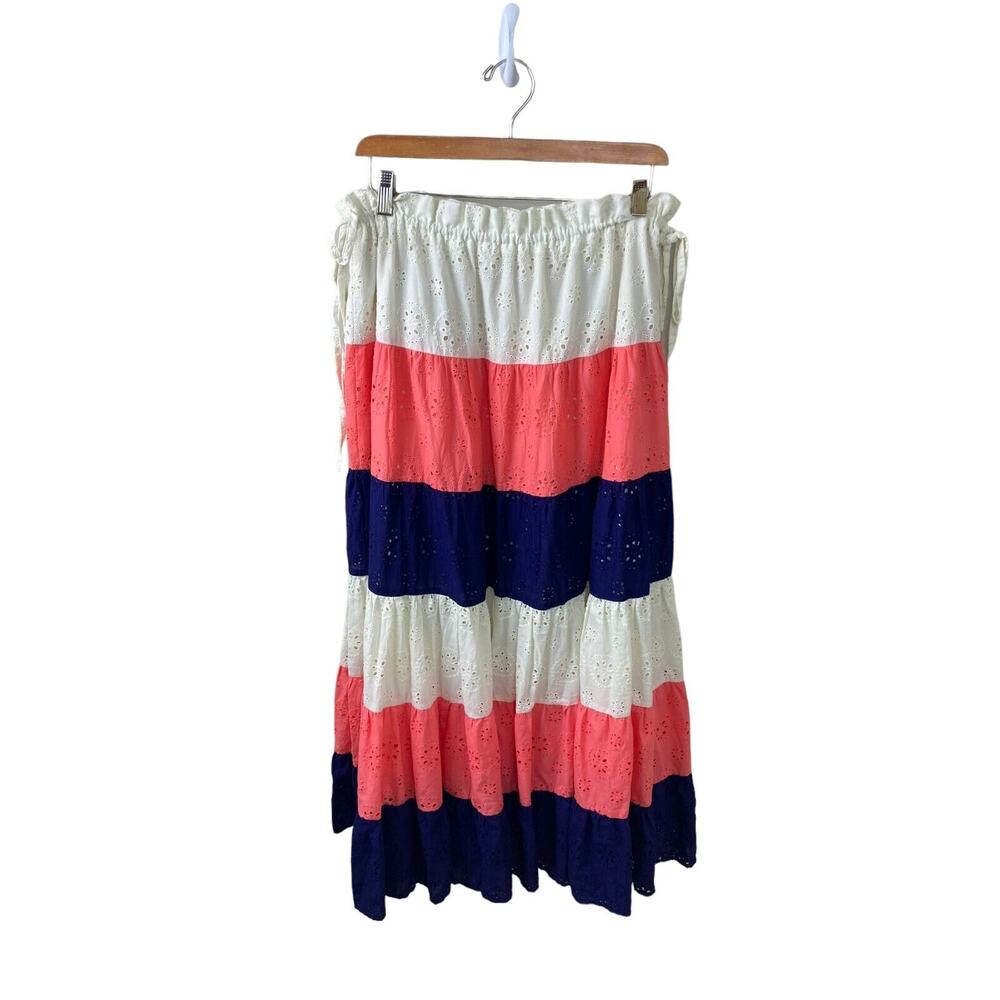 Anthropologie Hutch Pink Navy Fantine Eyelet Tiered Maxi Skirt Size M